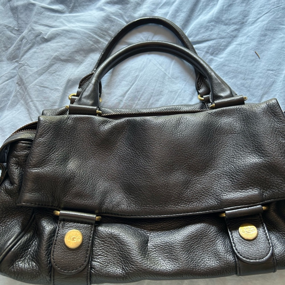 Black Leather Ugg Handbag with Gold Accents